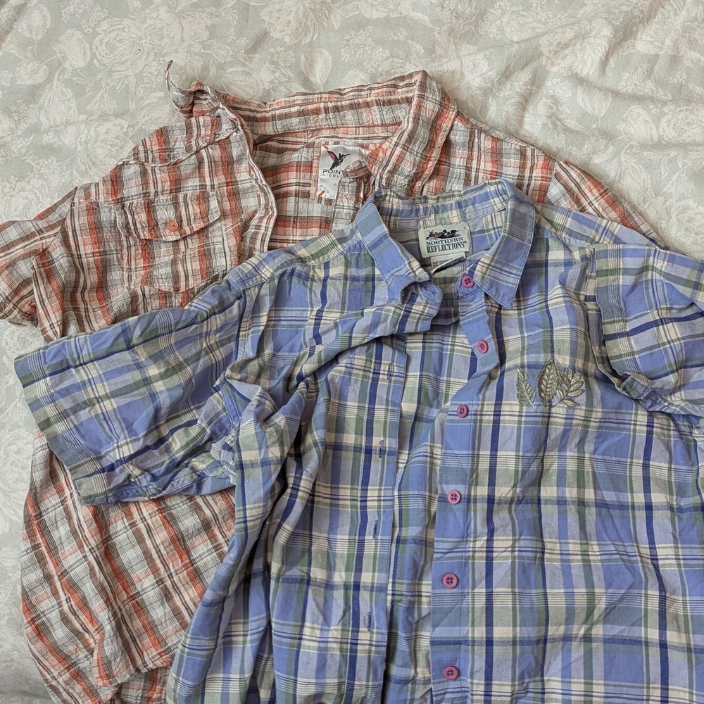 Blue And Orange Plaid Short-Sleeve Button-Up Shirt - Vintage